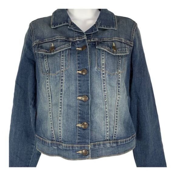 Jessica Simpson Womens Denim Jacket Medium Button Front Classic Blue Wash - Picture 2 of 7